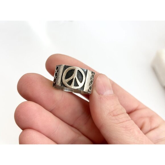 Taxco Mexico Peace Sign Cigar Banded 925 Sterling Silver Vintage Ring - sz 8.75 - Picture 8 of 13
